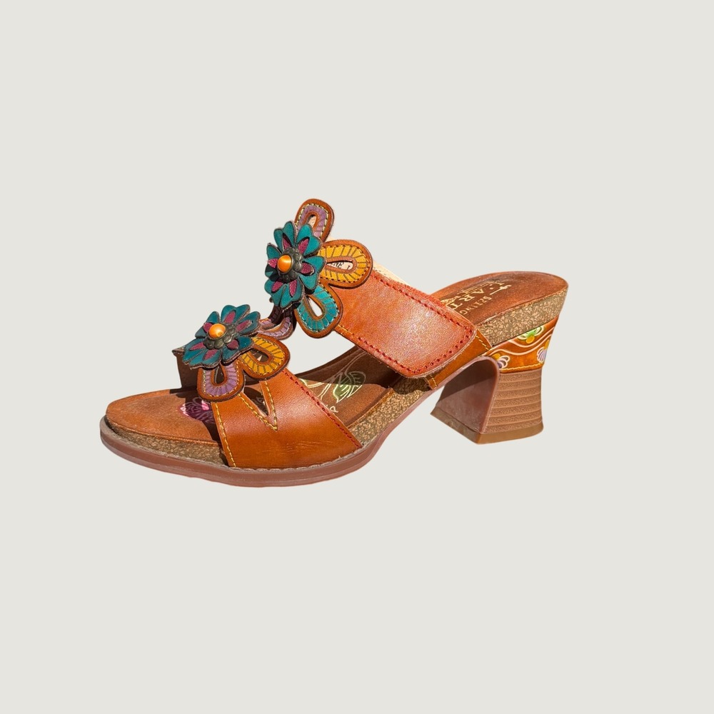 Spring Step LArtiste Persona Camel Leather Floral Block Heel Sandals 36